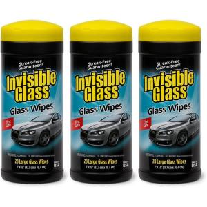 imageInvisible Glass 90166 Large Glass Cleaning Wipes for StreakFree Windows Mirrors and Glass LintFree AmmoniaFree TintSafe for Home and Auto Canister 28 Wipes Pack of 128 Count Pack of 3
