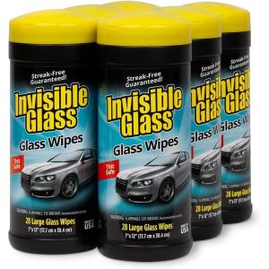 imageInvisible Glass 901666PK Large Glass Cleaning Wipes for StreakFree Windows Mirrors and Glass LintFree AmmoniaFree TintSafe for Home and Auto Canister 28 Count Pack of 6